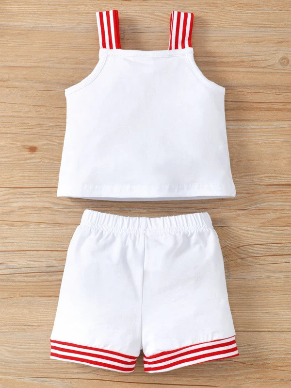 Baby Heart & Slogan Graphic Striped Wide Straps Top & Shorts