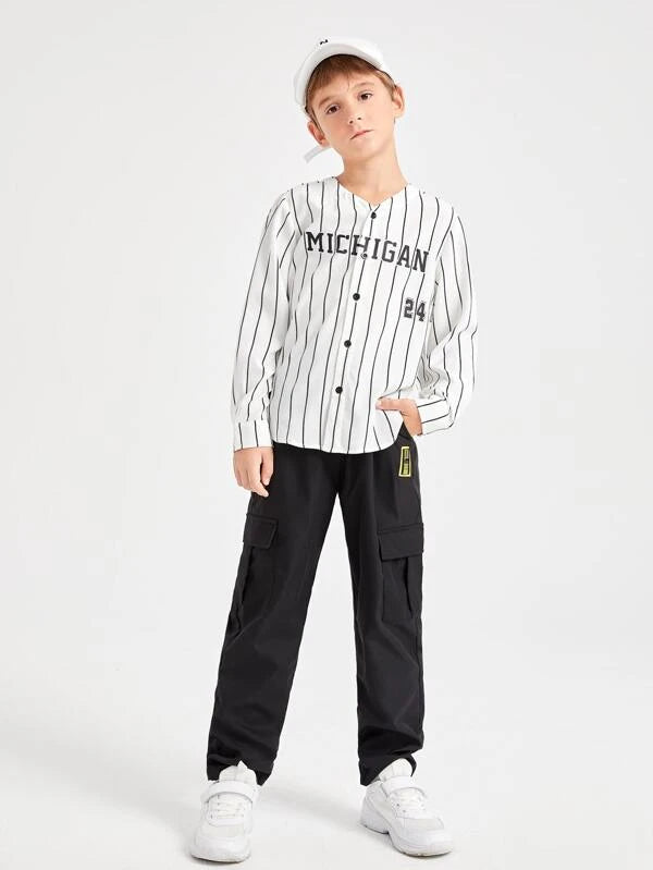 SHEIN Kids EVRYDAY Boys Patched Detail Flap Pocket Side Drawstring Waist Pants