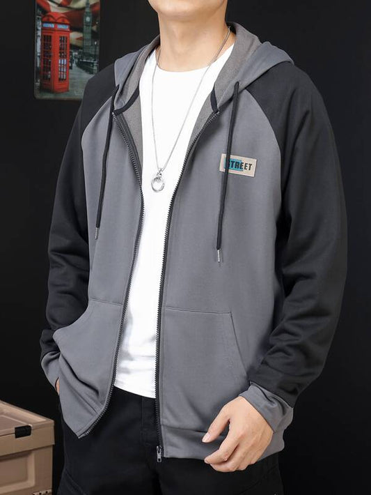 Men Patch Detail Colorblock Raglan Sleeve Zip Up Drawstring Hoodie