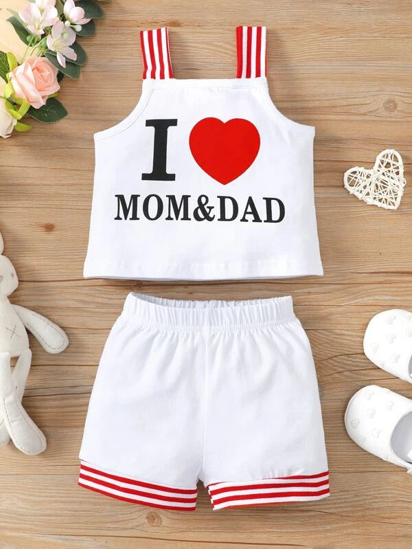 Baby Heart & Slogan Graphic Striped Wide Straps Top & Shorts