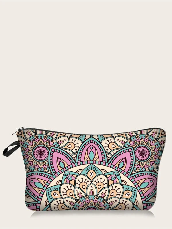 1pc Pink Mandala Cosmetic Bag Hand Holding Storage Lazy Portable Toiletry Bag Makeup Bag For Women Girls