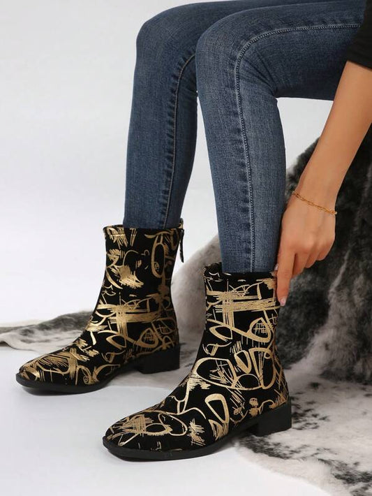 Women's Fashionable Gold Graffiti Pointed Toe Chunky Heel Spring/fall Zipper Boots