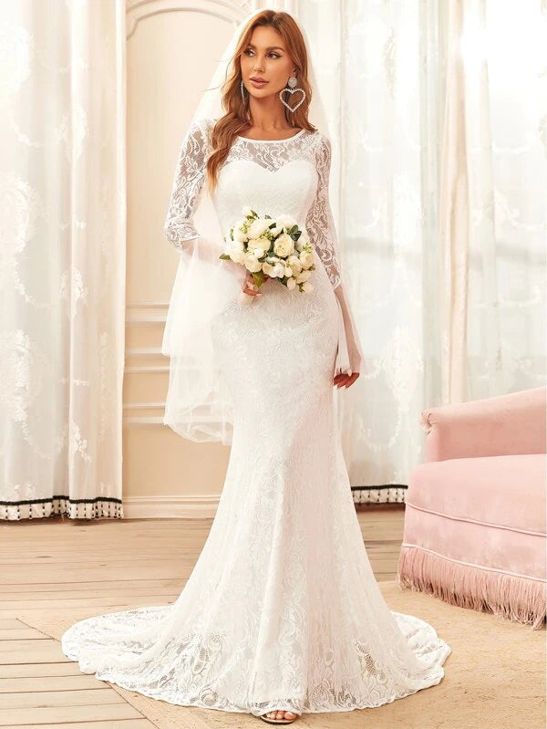 EVER-PRETTY Flounce Sleeve Floor Length Lace Wedding Dress