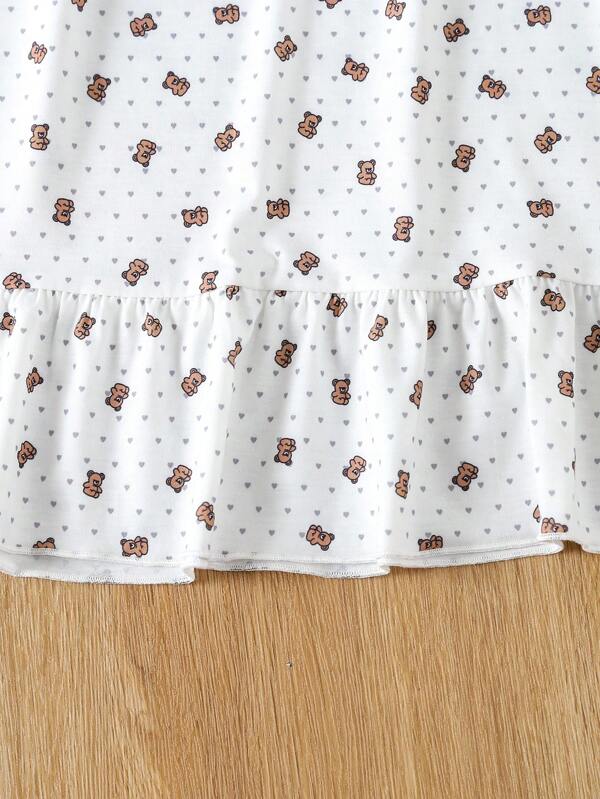 SHEIN Kids SUNSHNE Toddler Girls Bear & Heart Print Ruffle Hem Dress