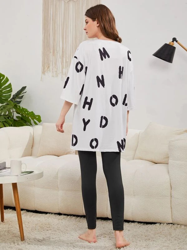 SHEIN Mulvari Letter Graphic Drop Shoulder Split Hem Tee & Leggings Lounge Set