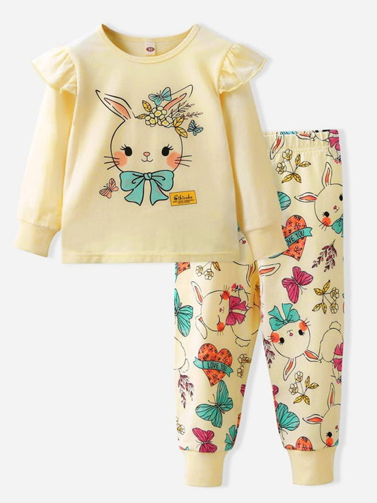 SHEIN Kids QTFun Toddler Girls Cartoon Graphic Ruffle Trim PJ Set