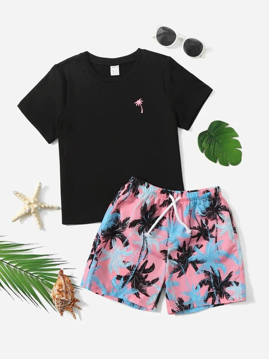 Toddler Boys Coconut Tree Print Tee & Drawstring Waist Shorts