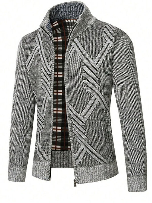 Men Geo Pattern Zip Up Cardigan