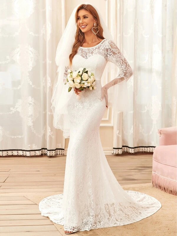 EVER-PRETTY Flounce Sleeve Floor Length Lace Wedding Dress