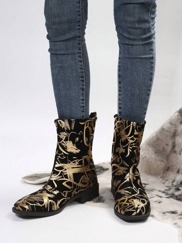 Women's Fashionable Gold Graffiti Pointed Toe Chunky Heel Spring/fall Zipper Boots