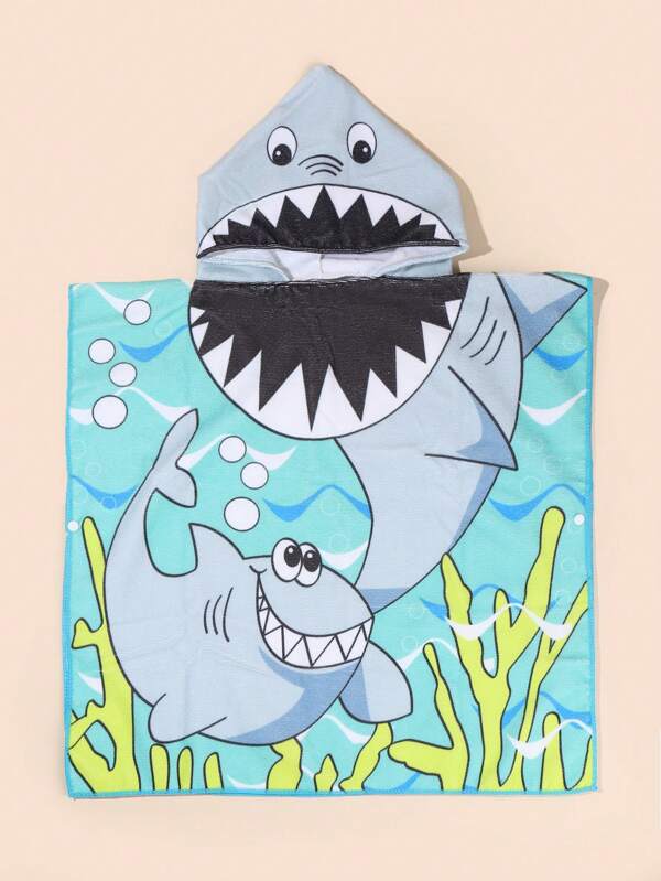 Baby Soft Shark Print Double Sided Polyester Bath Towel With Hat