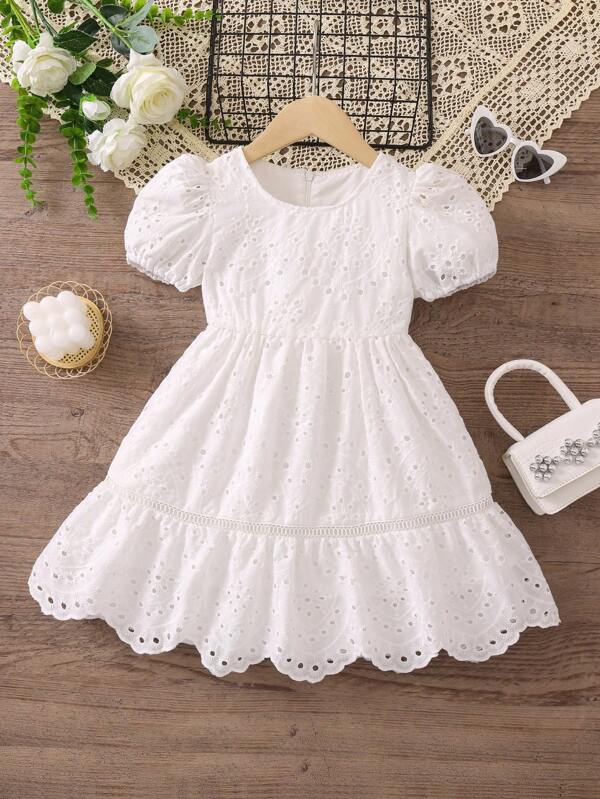 Toddler Girls Eyelet Embroidery Puff Sleeve Ruffle Hem Dress