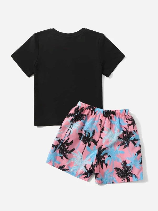 Toddler Boys Coconut Tree Print Tee & Drawstring Waist Shorts