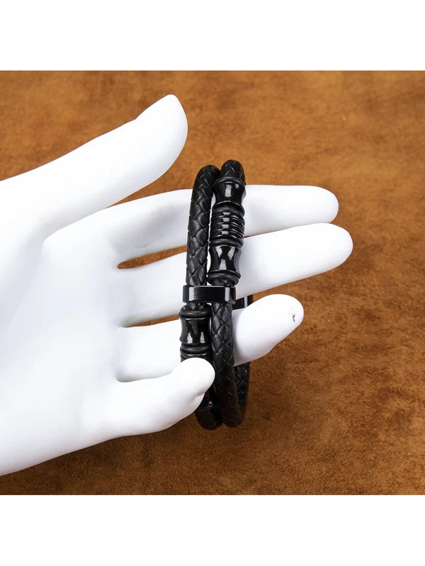 1pc European And American Style Simple Black Braided Leather Bracelet With Double Leather & Alloy Decor, Magnetic Clasp, Multi-layer Handmade Woven Wristband For Men