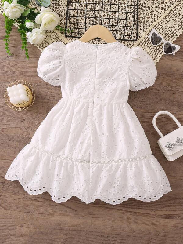 Toddler Girls Eyelet Embroidery Puff Sleeve Ruffle Hem Dress