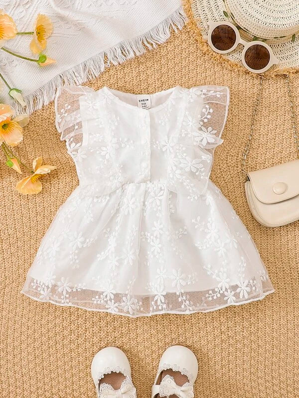 Baby Floral Embroidery Ruffle Trim Mesh Overlay Dress