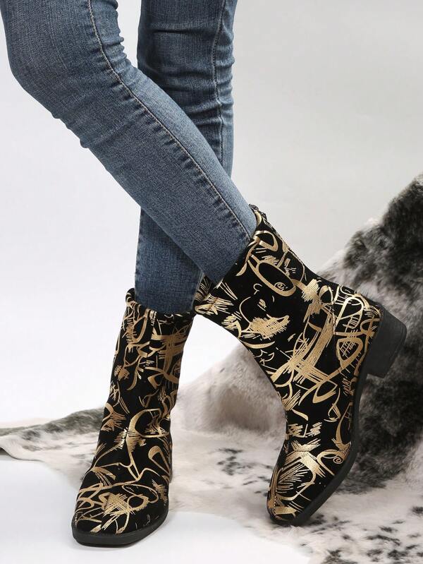 Women's Fashionable Gold Graffiti Pointed Toe Chunky Heel Spring/fall Zipper Boots