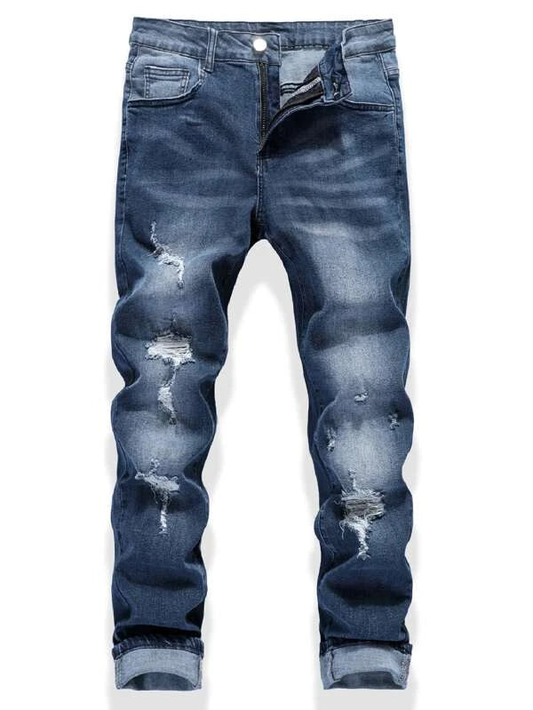 Manfinity LEGND Men Cotton Ripped Cat's Whisker Washed Jeans