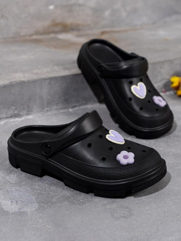 Women Non-slip Heart & Flower Decor Hollow Out Vented Clogs, Preppy Black EVA Clogs