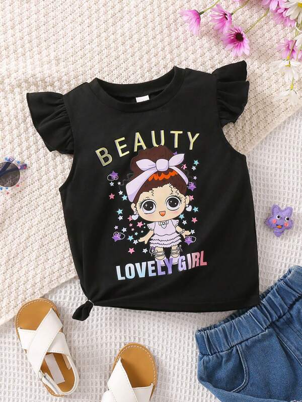 Toddler Girls Cartoon & Letter Graphic Ruffle Trim Tee