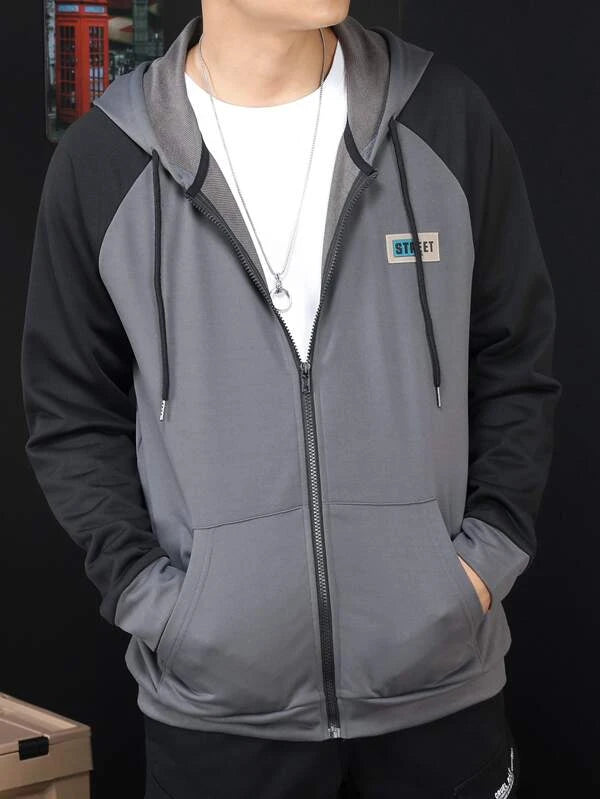 Men Patch Detail Colorblock Raglan Sleeve Zip Up Drawstring Hoodie