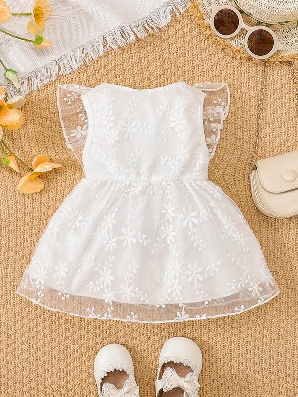 Baby Floral Embroidery Ruffle Trim Mesh Overlay Dress