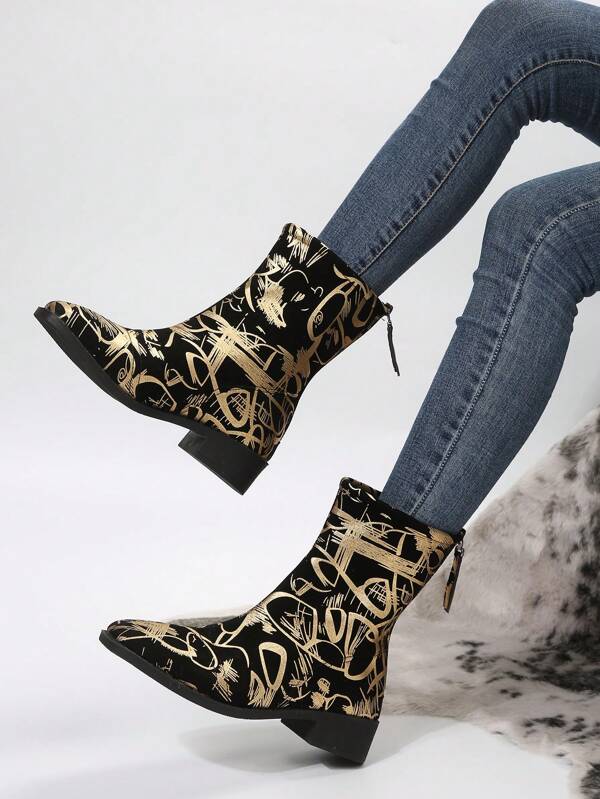 Women's Fashionable Gold Graffiti Pointed Toe Chunky Heel Spring/fall Zipper Boots