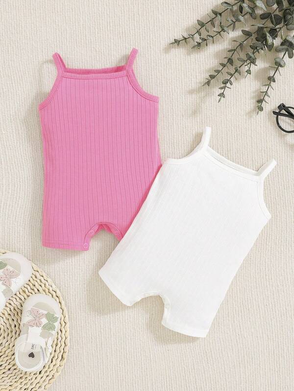 SHEIN Newborn Baby 2pcs Ribbed Knit Cami Romper