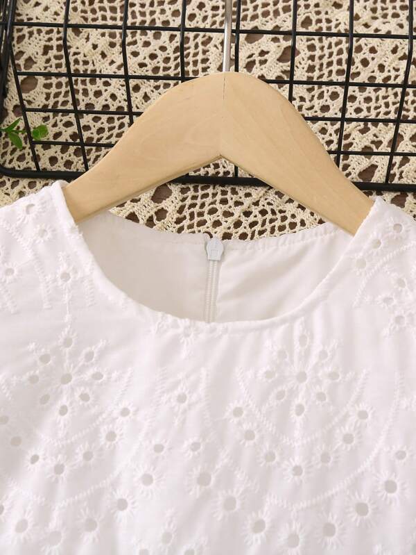 Toddler Girls Eyelet Embroidery Puff Sleeve Ruffle Hem Dress