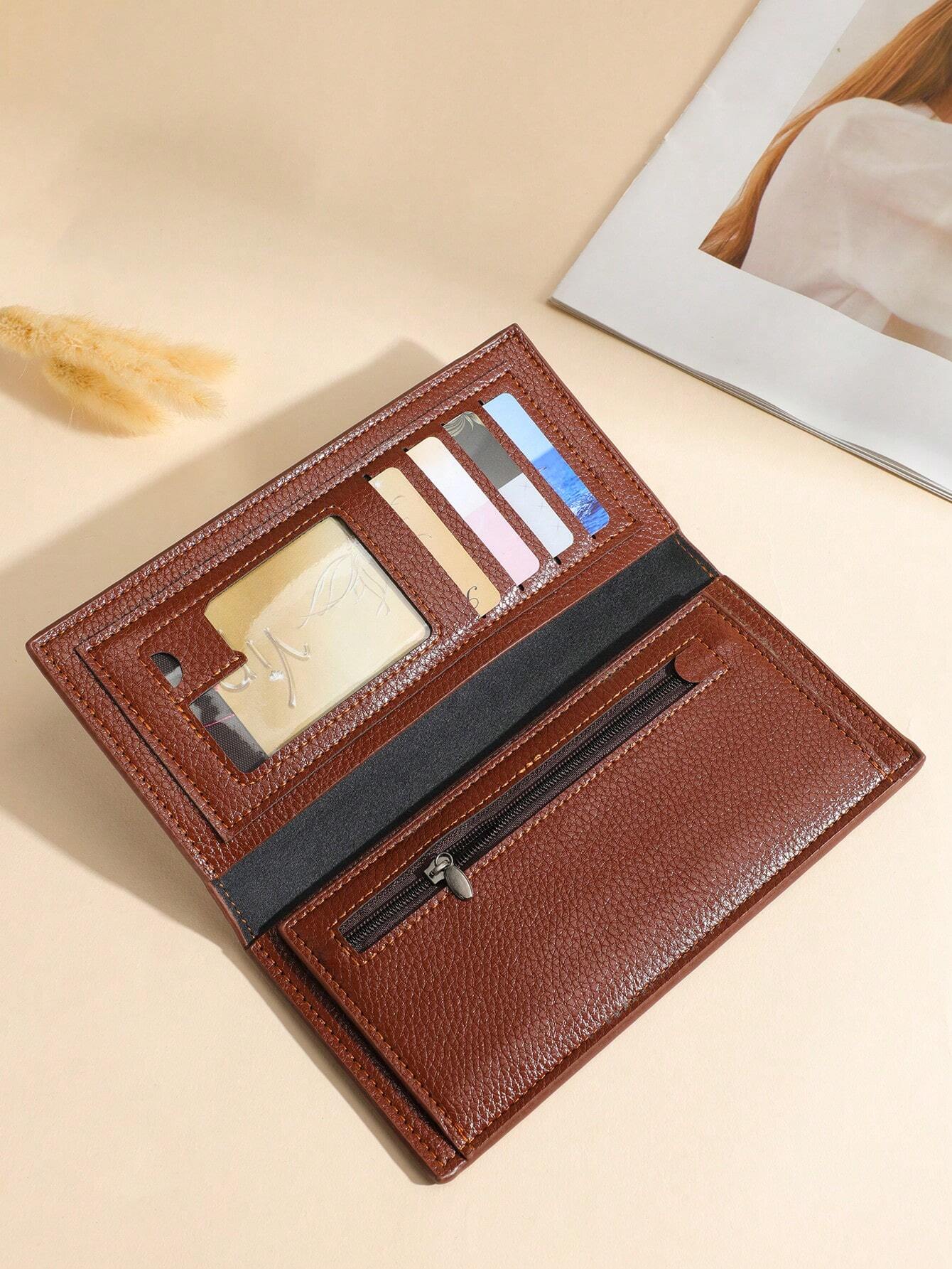 Patch Decor Long Wallet Bifold Brown Elegant
