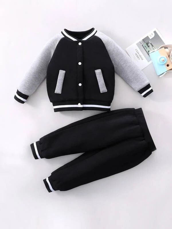 Baby Raglan Sleeve Colorblock Bomber Jacket & Sweatpants