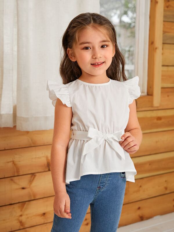 SHEIN Kids CHARMNG Toddler Girls Ruffle Trim Belted Blouse