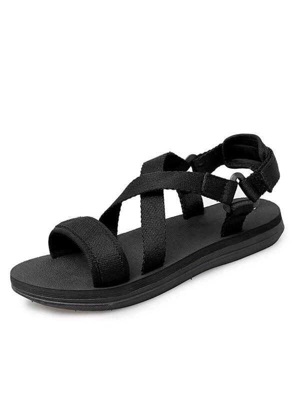 Men Lightweight Criss Cross Sandals, Leisure Black Fabric Casual Sandals