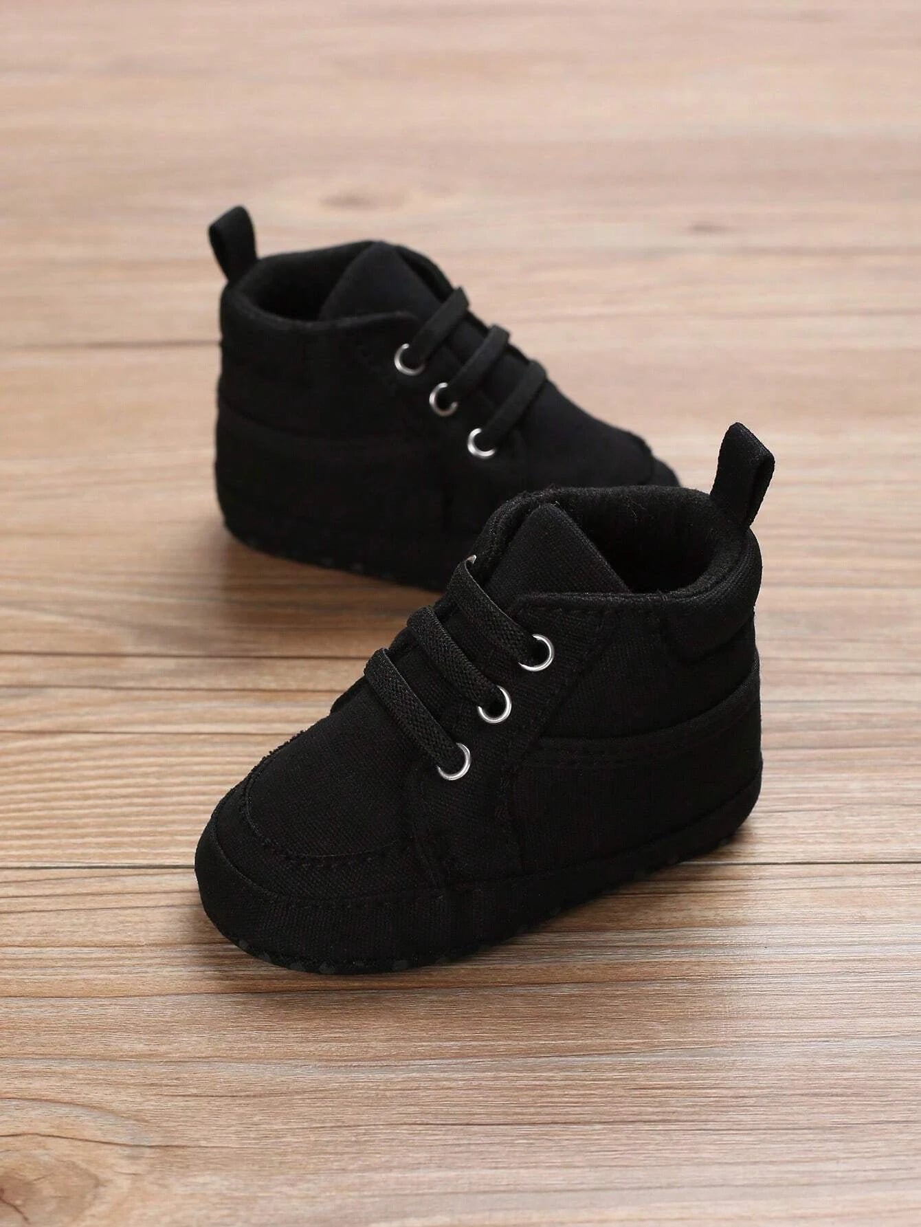 Baby Lace Up Front Sneakers, Sporty Black Fabric Skate Shoes
