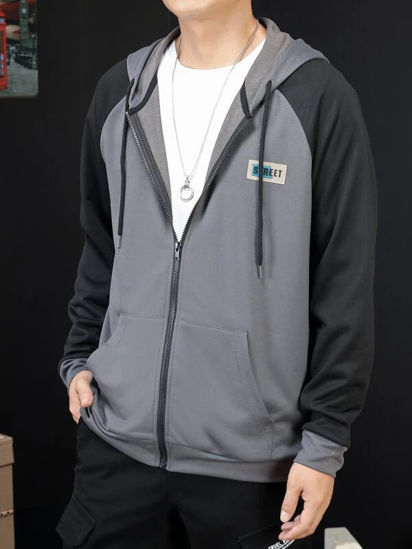 Men Patch Detail Colorblock Raglan Sleeve Zip Up Drawstring Hoodie