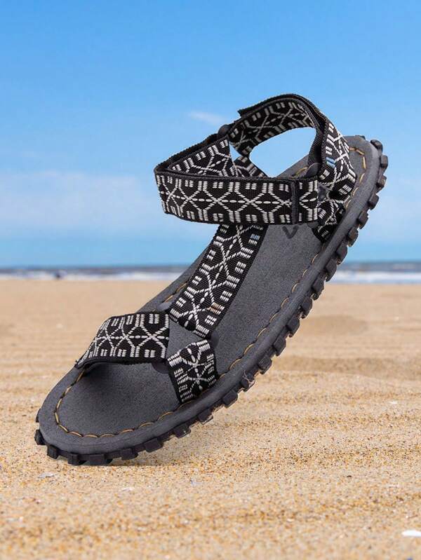 Men Geometric Pattern Hook-and-loop Fastener Strap Sandals, Leisure Outdoor Fabric Casual Sandals