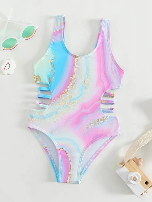 Toddler Girls Marble Print Ladder Cut-out One Piece Swimsuit