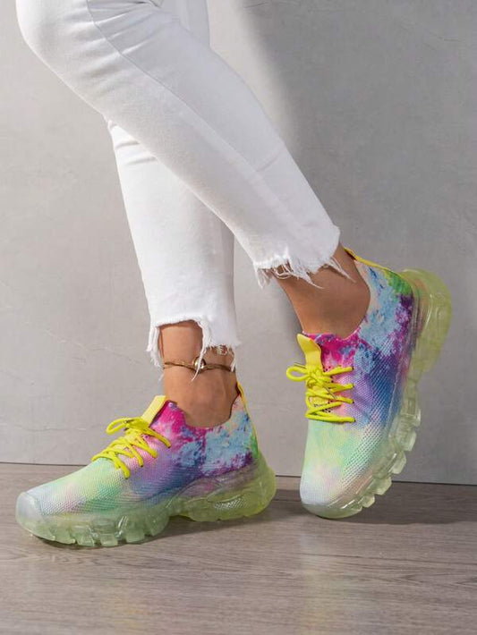 Women Colorblock Chunky Sneakers, Fabric Lace Up Front Sporty Sneakers
