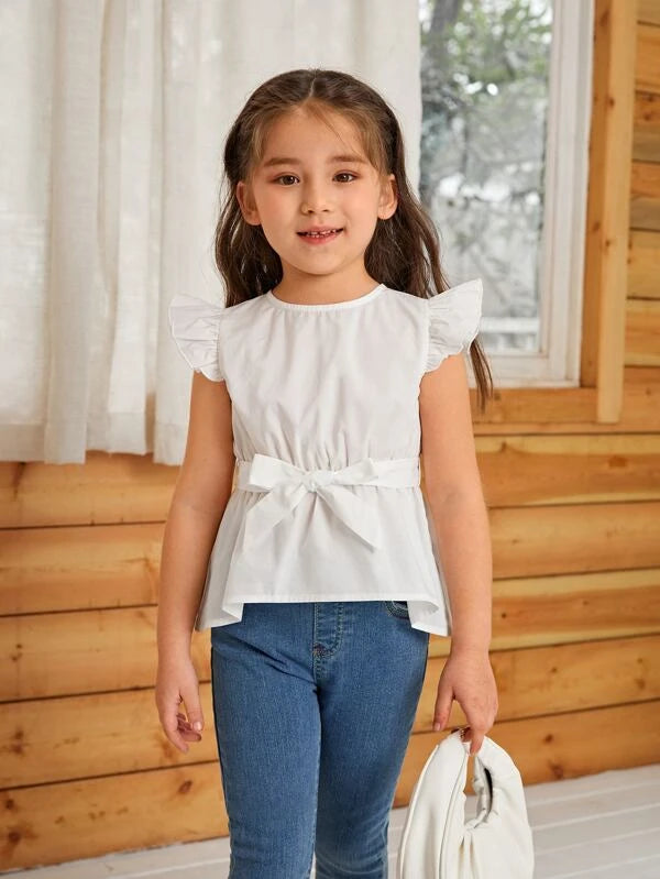 SHEIN Kids CHARMNG Toddler Girls Ruffle Trim Belted Blouse