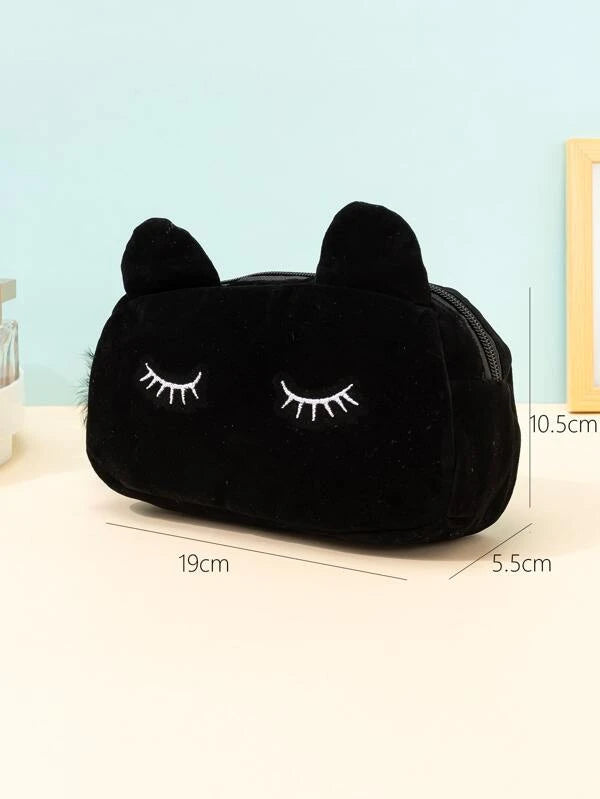 1pc Cute Cat Ears Black Plush Portable Makeup Bag For Women Girls