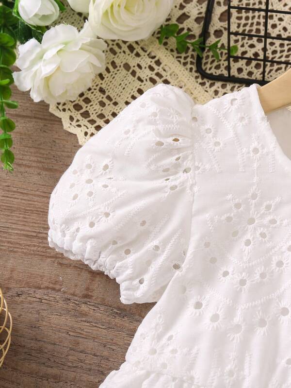 Toddler Girls Eyelet Embroidery Puff Sleeve Ruffle Hem Dress