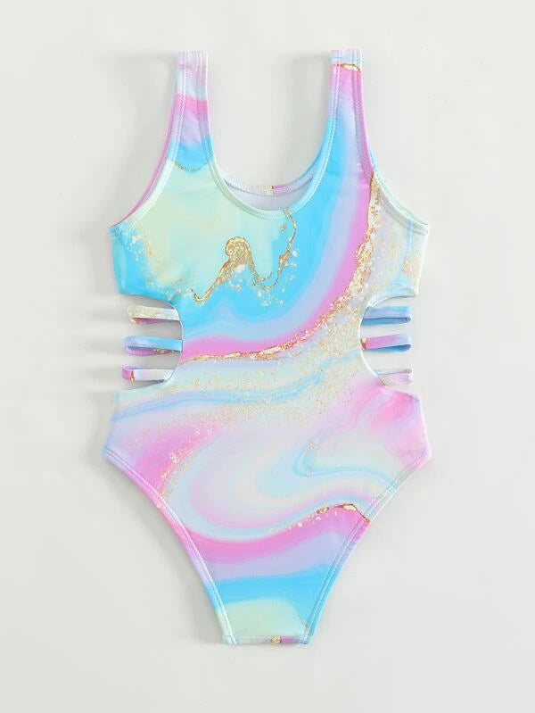 Toddler Girls Marble Print Ladder Cut-out One Piece Swimsuit