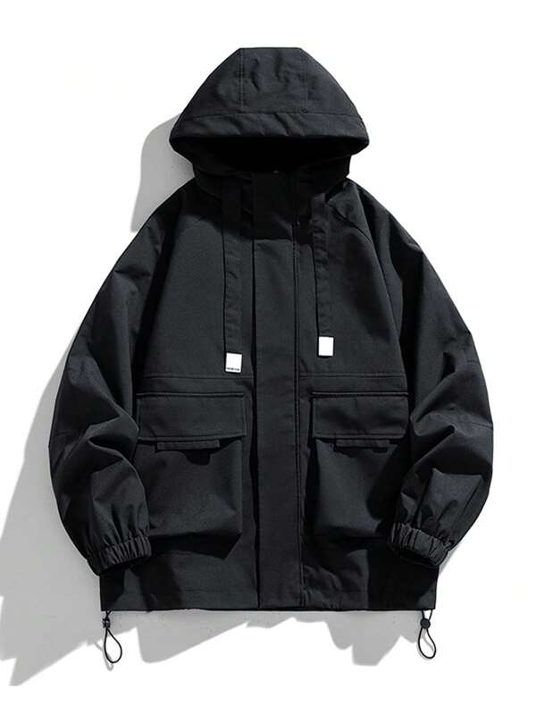 Men Flap Pocket Drawstring Hem Hooded Jacket