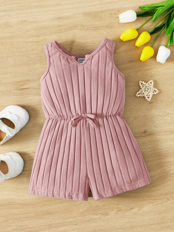 SHEIN Baby Bow Front Ribbed Knit Romper