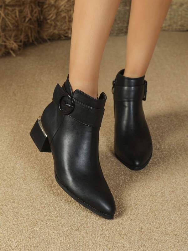 Women's Fashionable Black Side Zipper Chunky Heel Boots With Pointed Toe