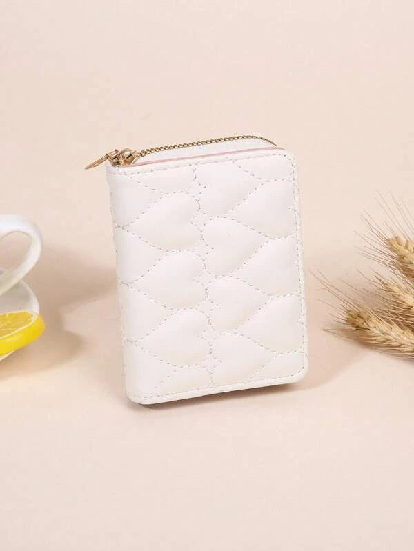 Heart Quilted Small Wallet Trifold Zipper Beige Coin Pocket Small Purse Bifold Zipper Women Wallet