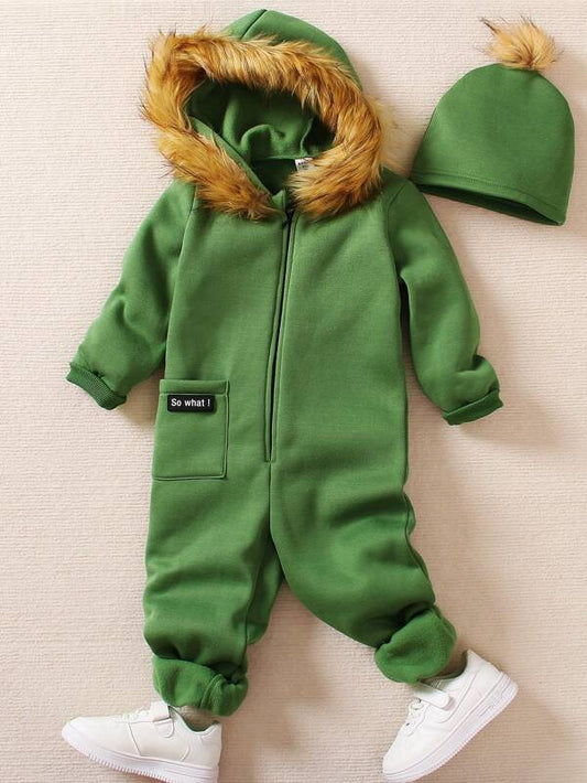 Young Boy Slogan Patched Detail Fuzzy Trim Hooded Jumpsuit & Accessory Hat