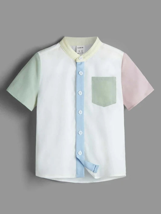 SHEIN Toddler Boys Colorblock Patched Pocket Shirt