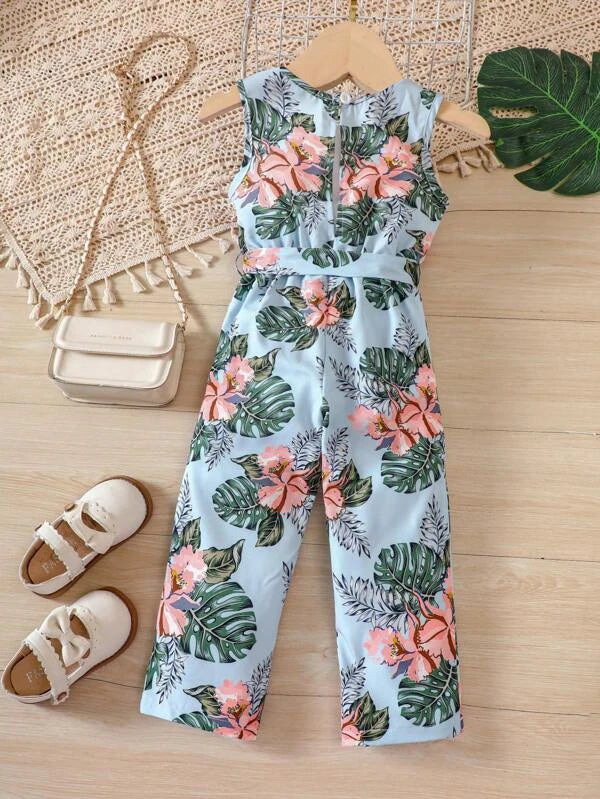 SHEIN Kids EVRYDAY Toddler Girls Tropical Print Belted Tank Jumpsuit