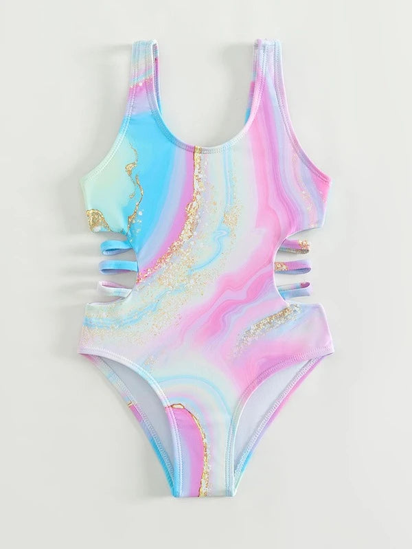 Toddler Girls Marble Print Ladder Cut-out One Piece Swimsuit